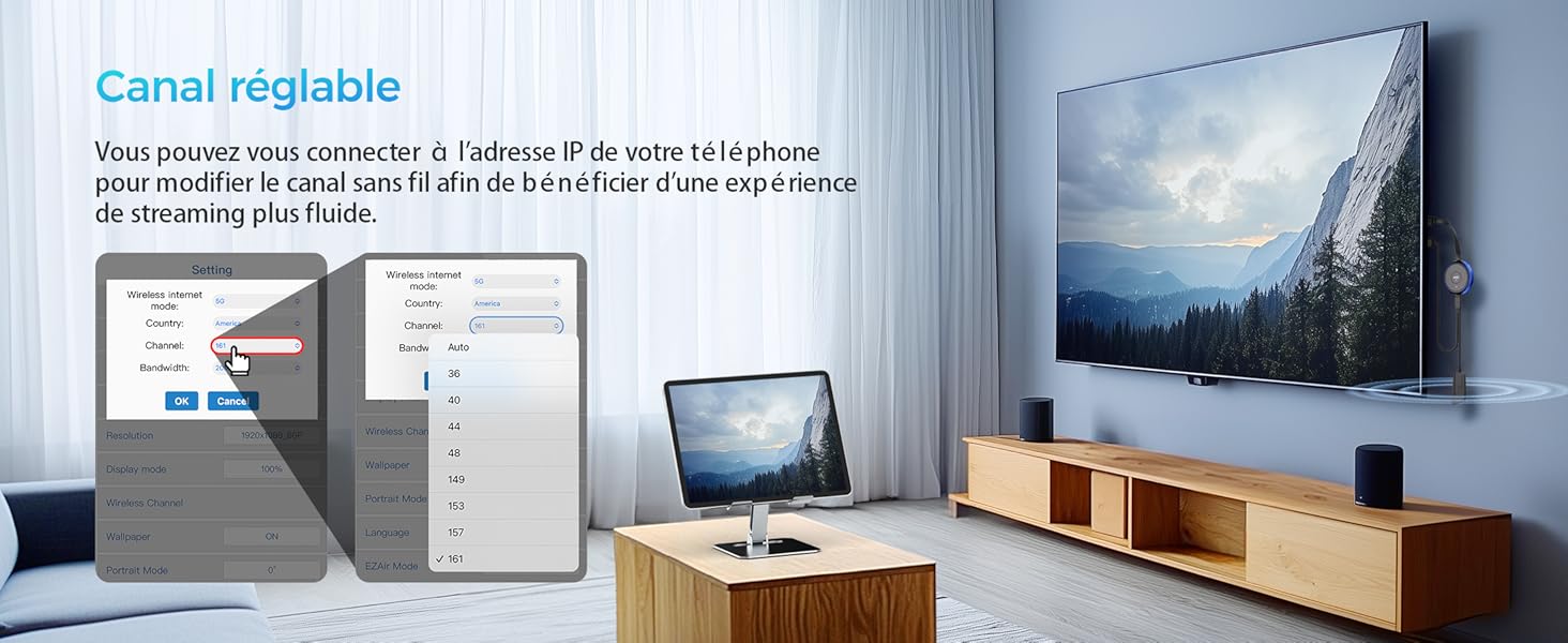 Configuration de divertissement domestique intelligente montrant un téléviseur monté au-dessus d'une console multimédia en bois, avec un panneau de commande d'interface affiché à l'écran.