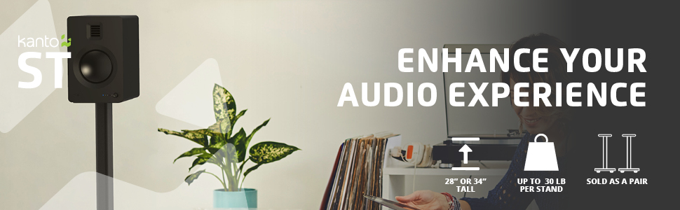 Kanto ST speaker stands with speakers next to record player