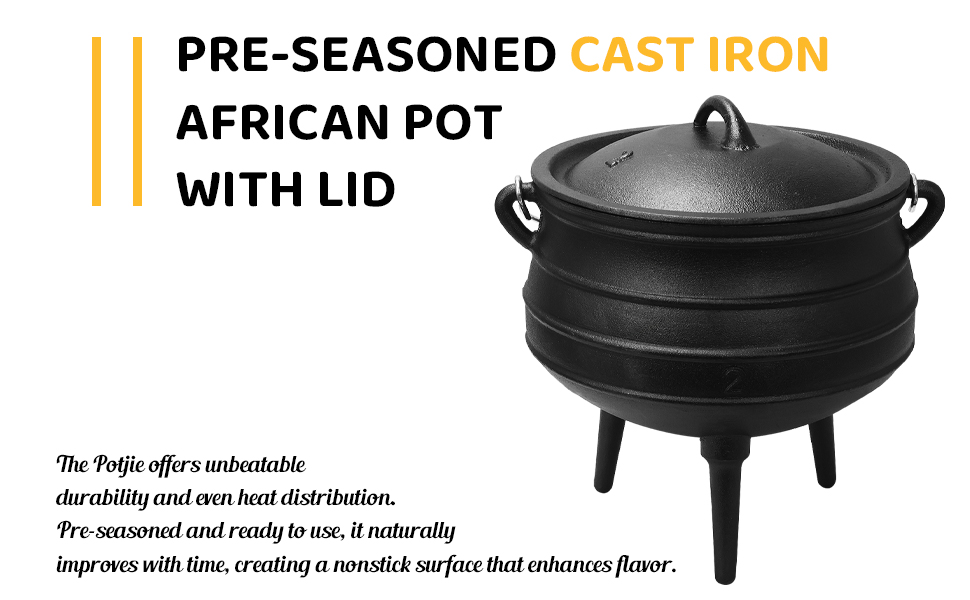 Potji sul-africano, caldeirão de ferro fundido, forno holandês de 6 qt, panela de ferro fundido pré-temperado, panela de 3 pernas