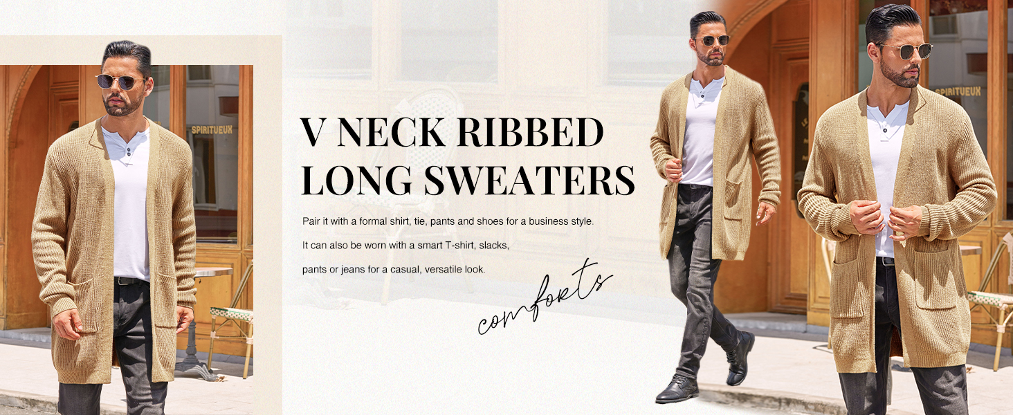 Mens Cardigan Sweater Casual V Neck Open Front Ribbed Long Winter Sweaters