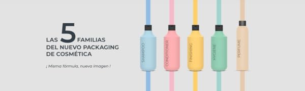ARTERO Pretty Eyes Eye Cleaner and Tear Zone Removes Tear Spots from Dogs and Cats, Eye Cleaner Dogs, Natural Ingredients, Hygiene for Dogs and Cats. 26 Cinco tubos o recipientes verticales de colores en tonos pastel de azul, rosa, amarillo, verde y beige. El texto de arriba dice «5 LAS FAMILIAS DEL NUEVO PACKAGING DE COSMETICA