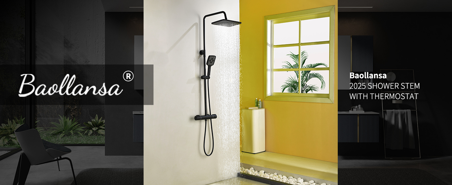 Text reads 'Baollansa'. Modern bathroom interior featuring black shower system against yellow wall with window and plant decoration.