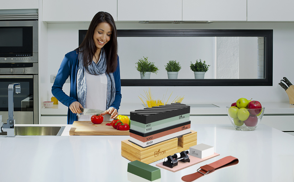 Knife Sharpening Stone, BRITOR Whetstone Includes 4 Side Grit 400/1000