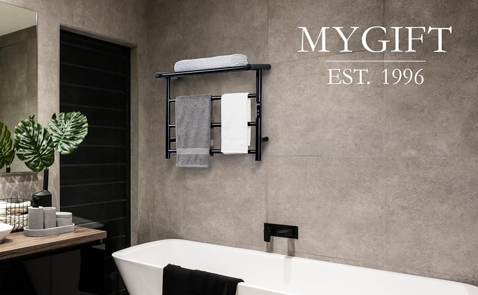 MyGift Premium Hotel Series Wall Mounted Black Stainless Steel Electric Bath Towel Warmer Rack LED
