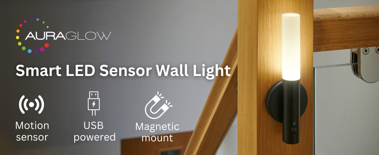 Text reads 'ALPHA GLOW Smart LED Sensor Wall Light'. Product demonstration showing motion-activated lighting sequence.