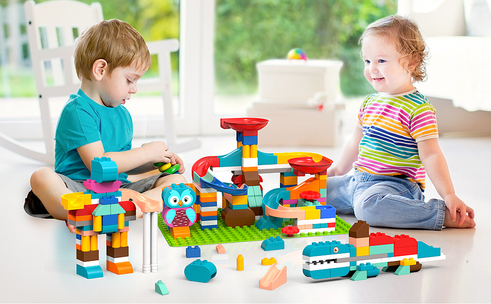 SUMXTECH Marble Run Building Blocks,157pcs Animals Marble Race Track, Big Blocks Compatible