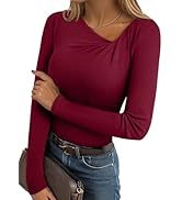 EVALESS Women Long Sleeve Pleated V Neck Rib Knit Slim Fit Shirts Basic Tops 2025 Casual T-Shirt ...
