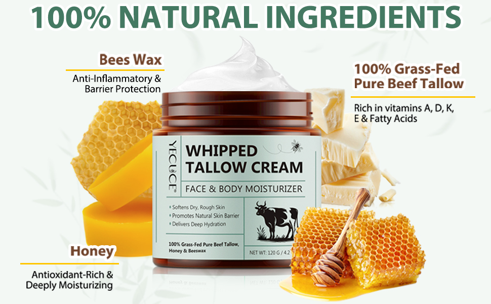 Beef Tallow for Skin, Tallow and Honey Balm (4.2 Oz), Tallow Face Moisturizer