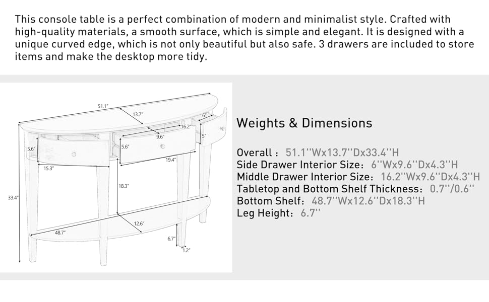 Knocbel Modern HalfMoon Sofa Console Table with 3 Storage