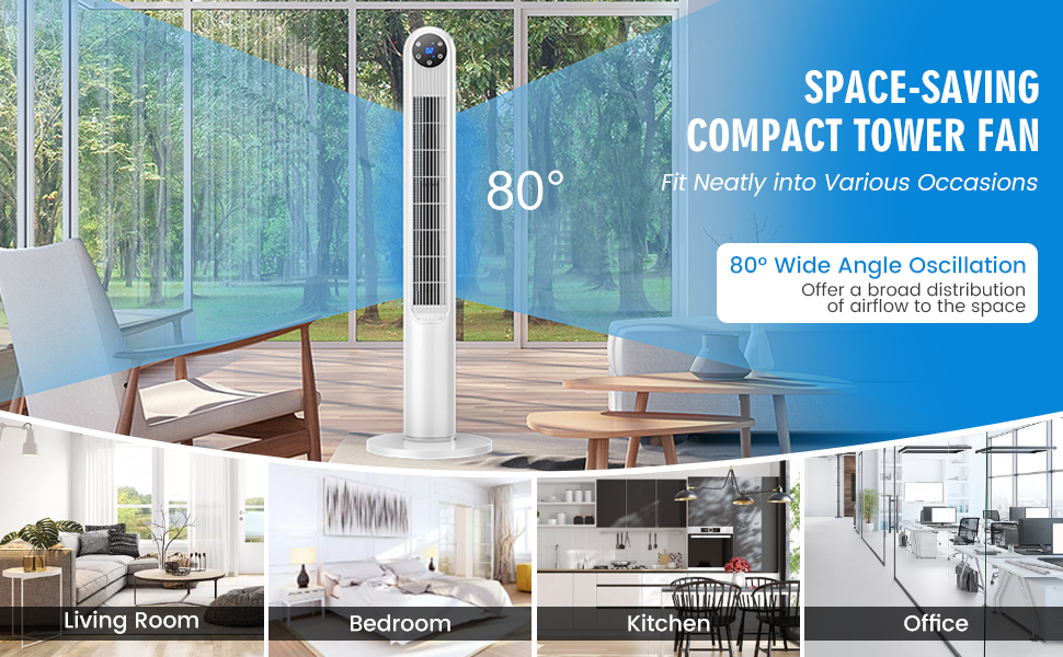 COSTWAY Tower Fan with Remote, Portable 80°Oscillating Fan with 3 Wind