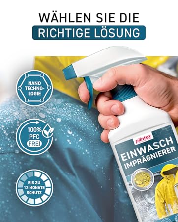 Der Text lautet „WÄHLEN SIE DIE RICHTIGE LÖSUNG“. Produktwerbung mit Sprühflasche und blauen Zertifizierungssymbolen.