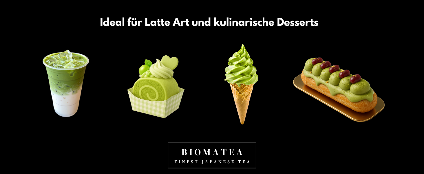 Der Text lautet „Ideal für Latte Art und kulinarische Desserts“. Reihe von Lebensmittelillustrationen, die scheinbar Desserts oder Gebäck zeigen.
