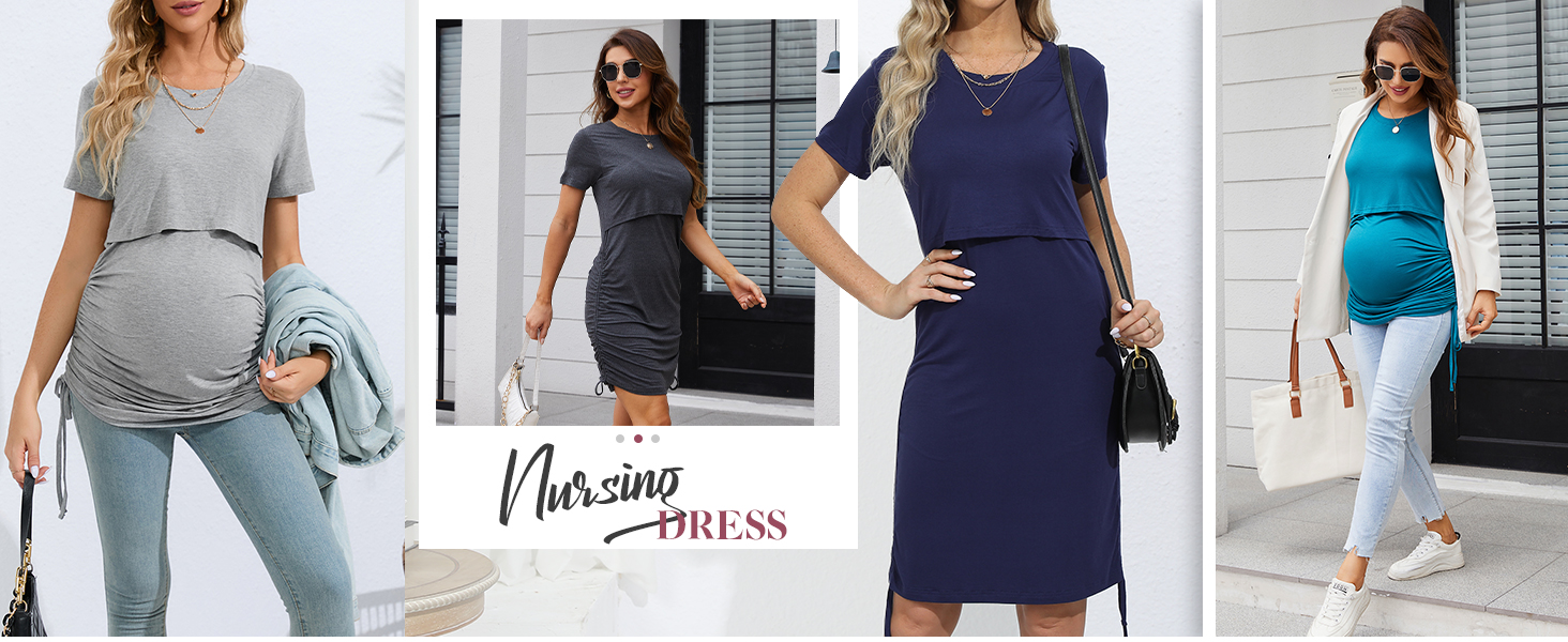 Sosolism 4 in 1 Women's Maternity Nursing Dress for Breastfeeding Short Sleeve Side Drawstring Top