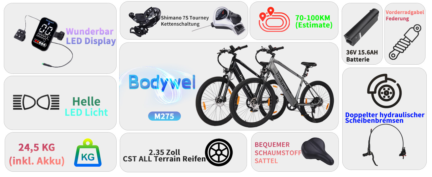 Infografik mit Fahrradfunktionen wie Elektromotor, Batterie, Display und verschiedenen Komponenten mit entsprechenden Symbolen und Text