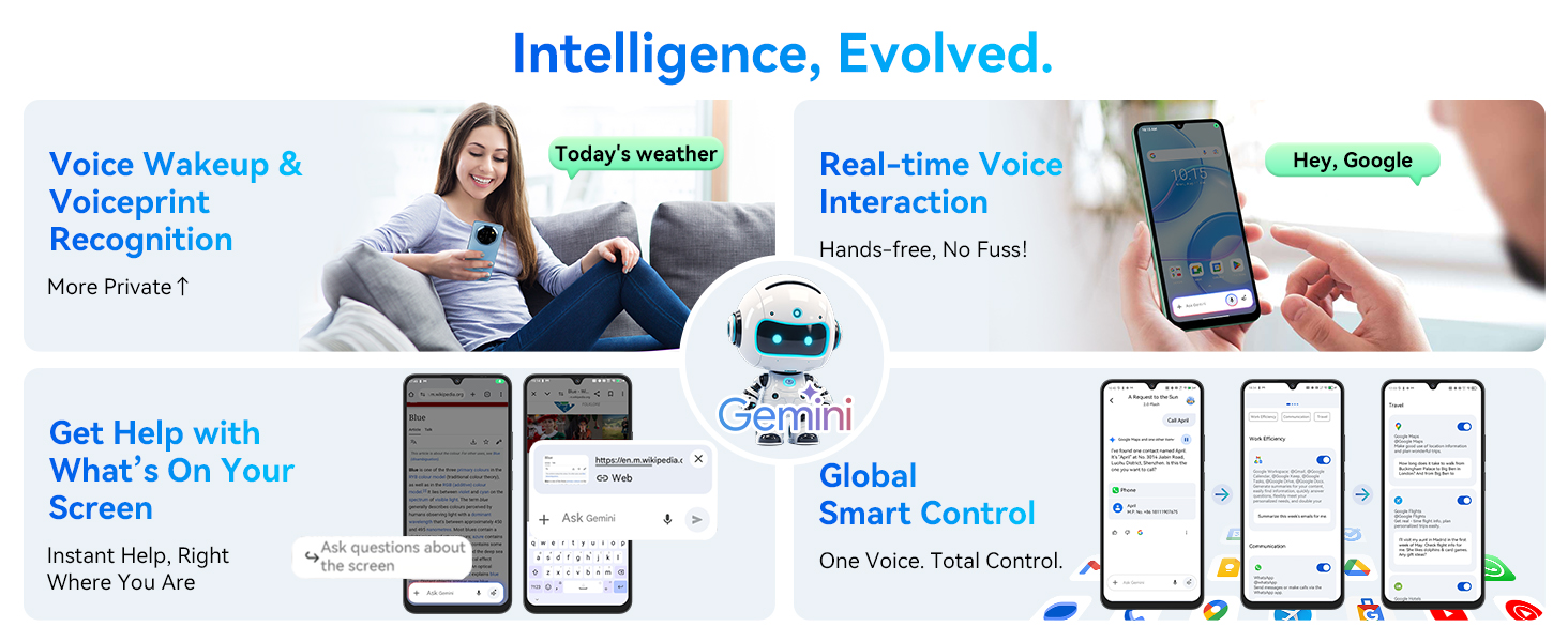 Text reads 'Intelligence, Evolved.' Series of mobile app interface mockups showing various screens with graphs, controls, and menu layouts.
