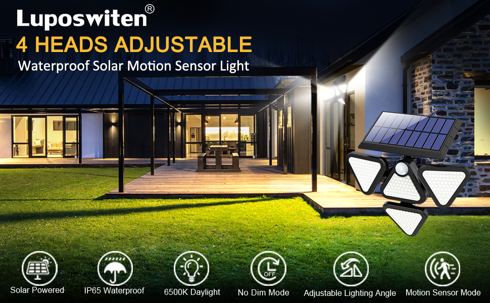 Luposwiten 4 Heads Solar Outdoor Lights, Motion Sensor Outdoor Lights