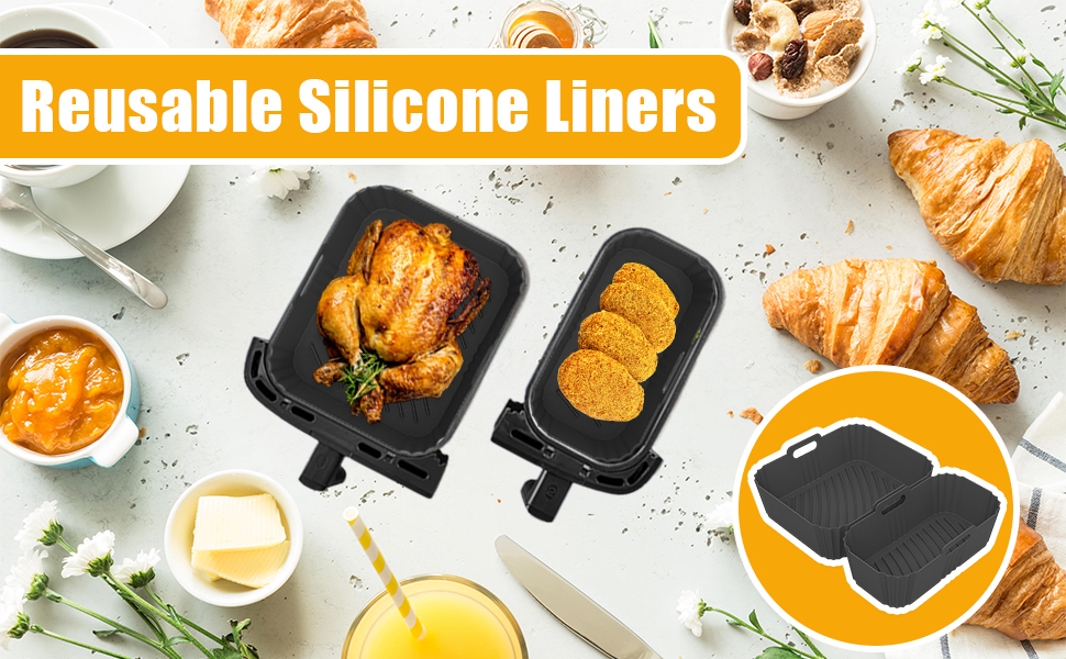 2Pcs Silicone Air Fryer Liners for Tefal Easy Fry 5.2L/3.1L, Dual Drawer Air Fryer Accessories Airfryer Liners for Lakeland 5L/3L, Salter 5.5L/3.5L,Tower T17099 5.2L/3.3L 9 airfryer silicone linner
