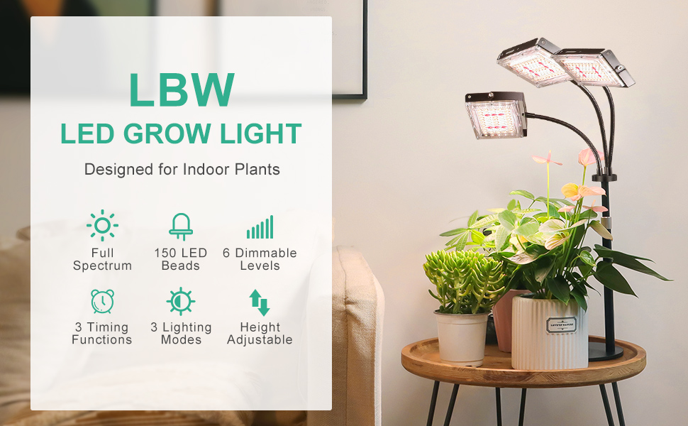 LBW Plant Grow Light, Full Spectrum TriHead Desk Plant