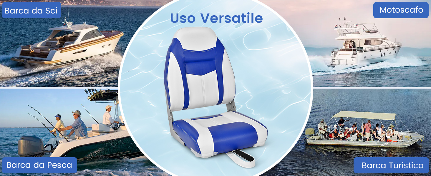 Marine con schema di colori blu e bianco, mostrato al centro con scenari di utilizzo della barca circostanti in ambienti costieri.