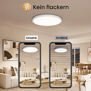 Vergleich runder LED-Leuchten zur Deckenmontage. Drei Telefonbildschirme zeigen unterschiedliche Lichteffekte in einer Wohnzimmerumgebung