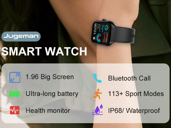 Jugeman smart watch with black square face and band. Features 1.96