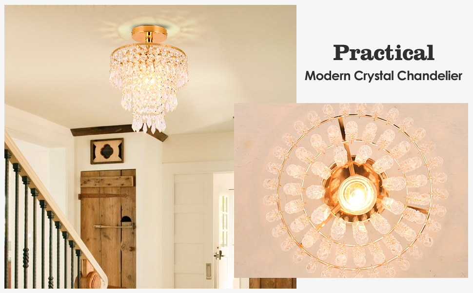 FRIXCHUR Small Crystal Chandelier Light Fixture Flush Mount Ceiling