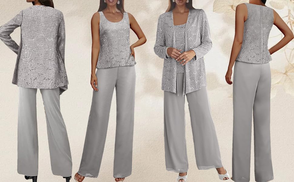 Dressy Pant Suits for Wedding Sparkly Sequin Outfit with Sleeves 3