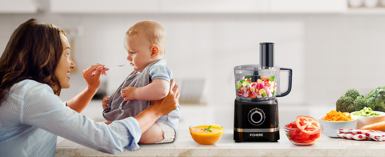 FOHERE Food Processor, 700W Compact Food Mixer with 4 Attachments for