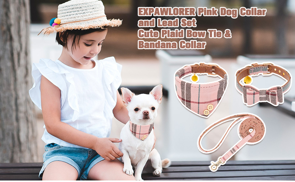 EXPAWLORER Dog Collar and Lead Set Classic Plaid Bow Tie and Dog