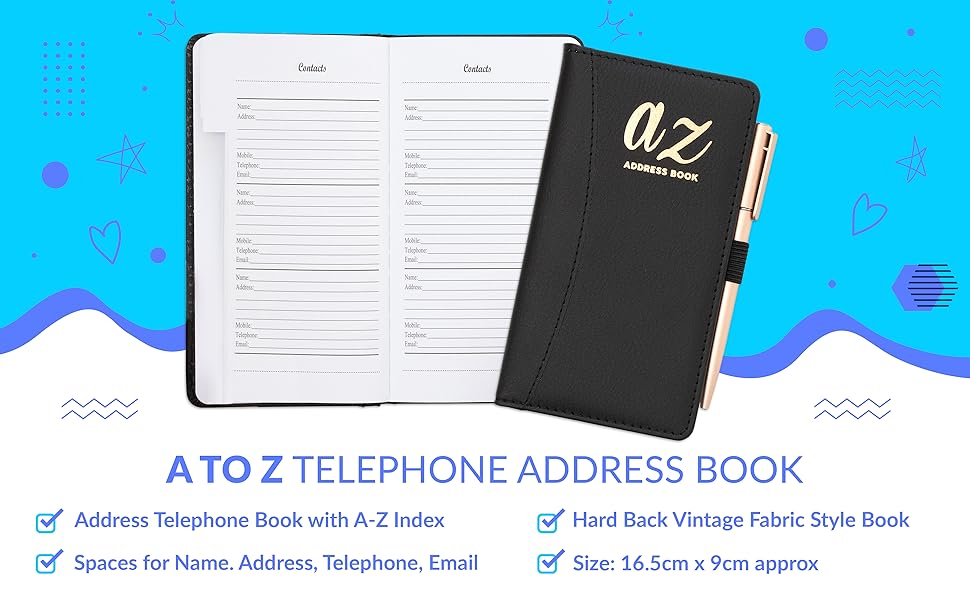 Address Book AZ Grey Index Hard Back Cover Slim Address & Pen