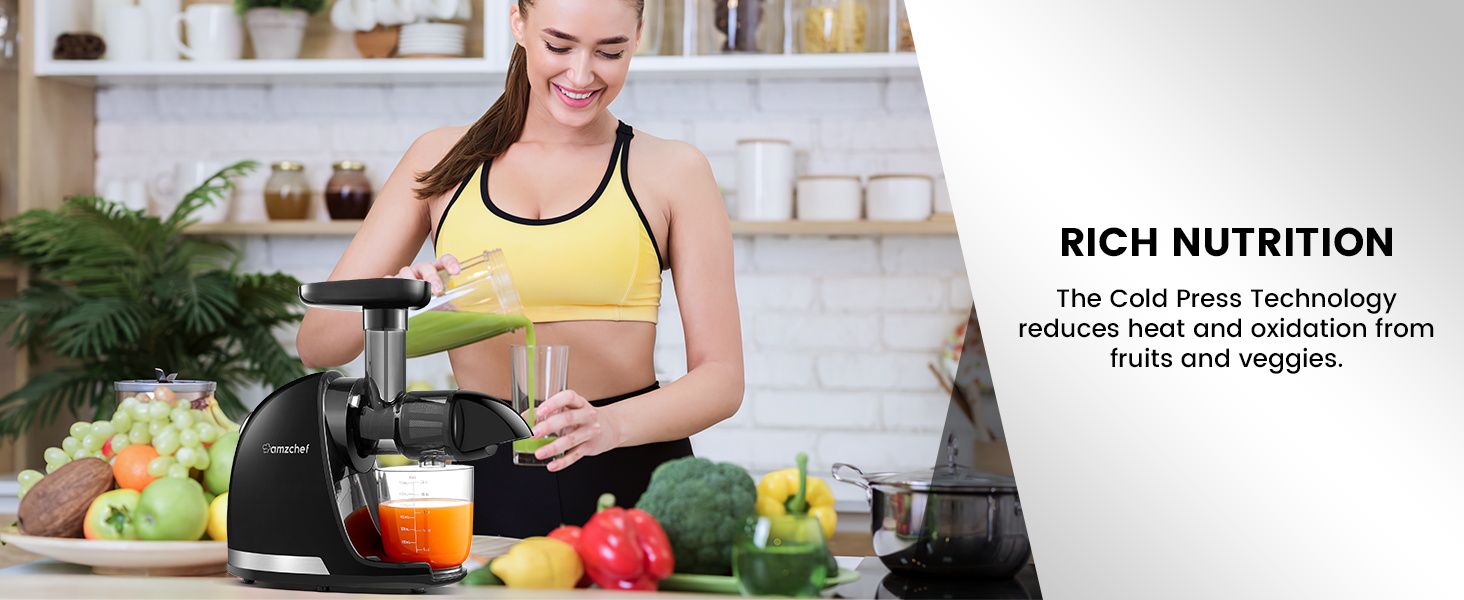 Text reads 'RICH NUTRITION'. Collection of images showing someone preparing healthy smoothies and juices with fresh fruits and vegetables.