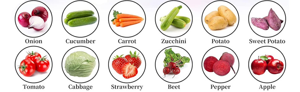 Grid of twelve circular images showcasing different vegetables and fruits, each labeled with its name. Includes onion, cucumber, carrot, zucchini, potato, sweet potato, tomato, cabbage, strawberry, beet, pepper, and apple.