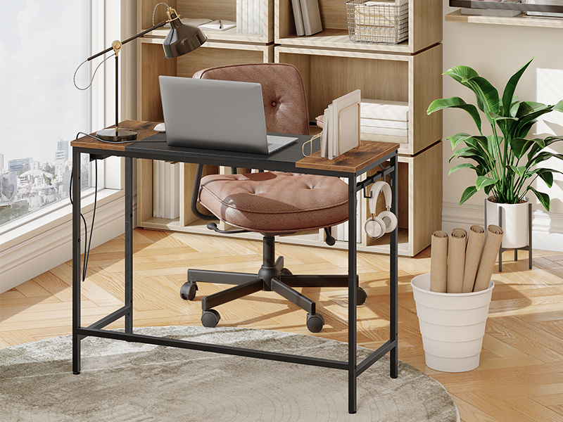Home-Office-Schreibtisch mit Steckdose, Moderner Arbeitsschreibtisch mit 3 Haken für Arbeitszimmer