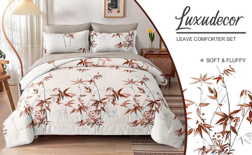 Luxudecor Botanical Comforter Set Queen Size Burnt Orange
