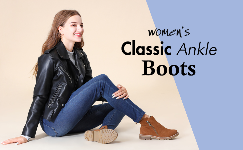 Hawkwell Women's Comfort Suede Leather Low Heel Zipe up Ankle Boots