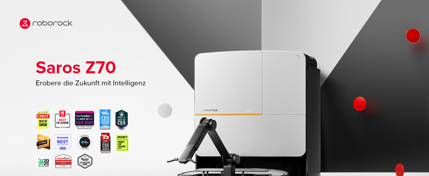 Weißes würfelförmiges Gerät mit goldener Akzentlinie, montiert auf einem zusammenklappbaren schwarzen Ständer. Mehrere farbenfrohe Symbole unten weisen auf verschiedene Funktionen hin. Produktname 'Saros Z70'