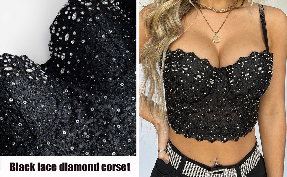 Amazon.com: atokiss Women's Lace Rhinestone Bustier Crop Top