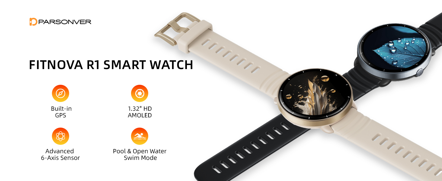 Text reads 'FITNOVA B1 SMART WATCH'. Product images showing smartwatch in black and white variants with digital display screens showing various interface elements.