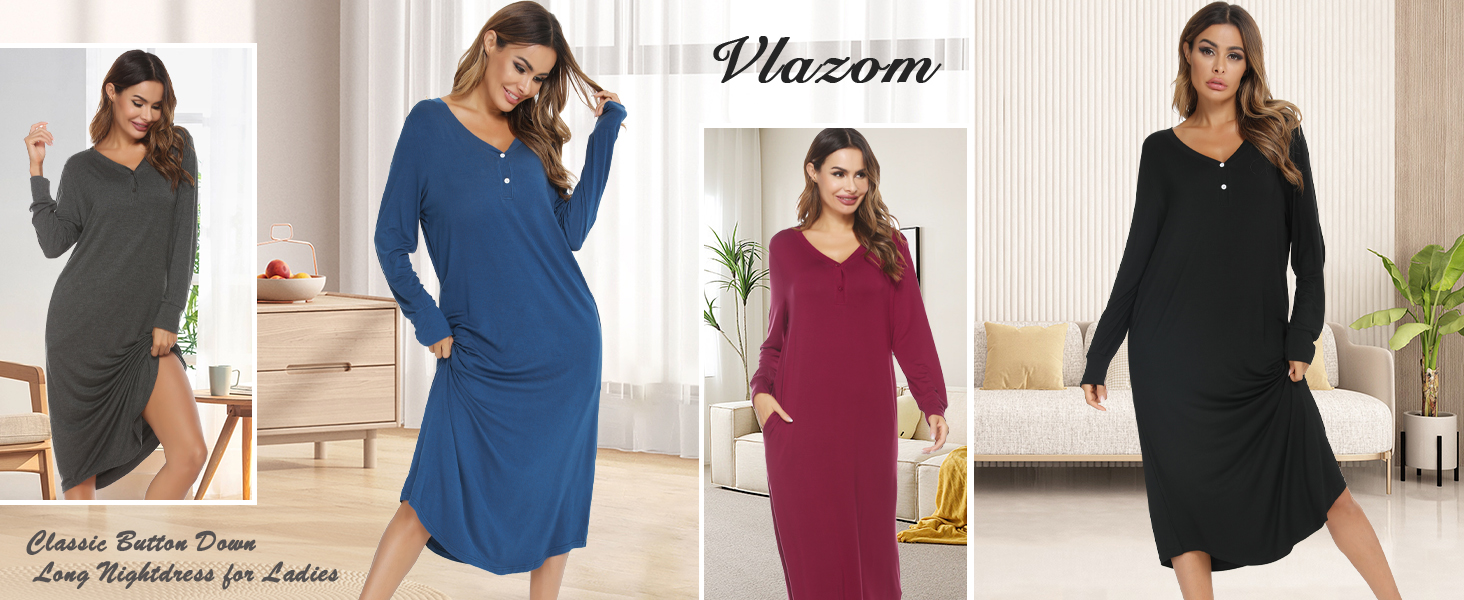 Vlazom Women's Long Nightgowns V Neck Button Down Sleep Shirt Soft Nightdress Sleepwear Loungewear S-XXL 13 long sleeve nighties for women,women's nightdresses & nightshirts