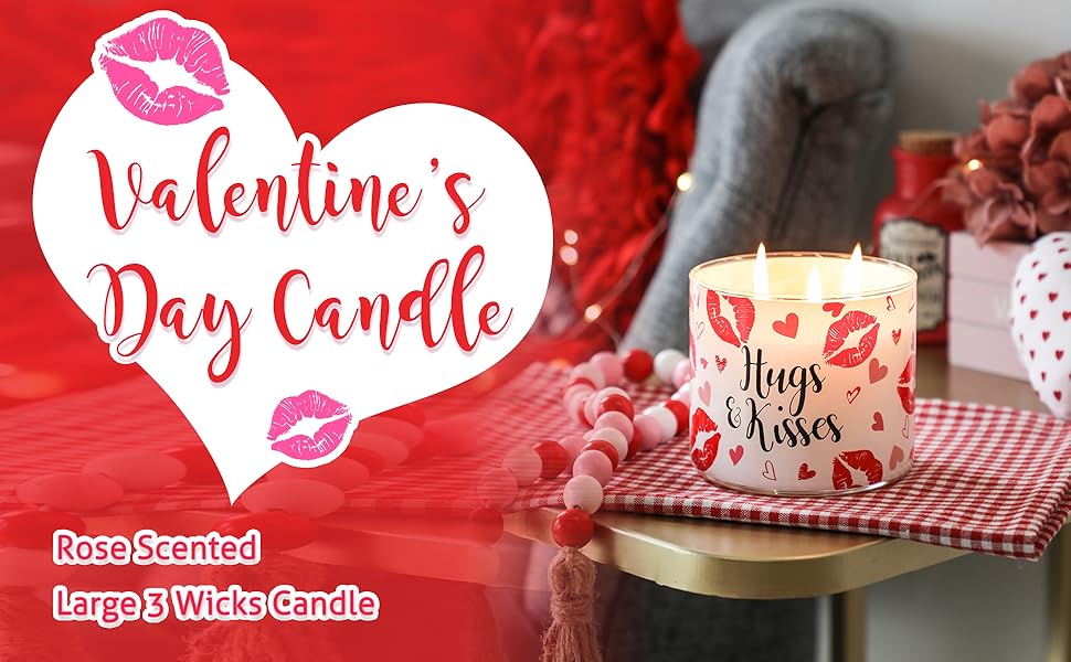 Rose Scented Candle, Hug&Kisses Candle Gift, Large 3 Wicks, 14 oz Home & Kitchen