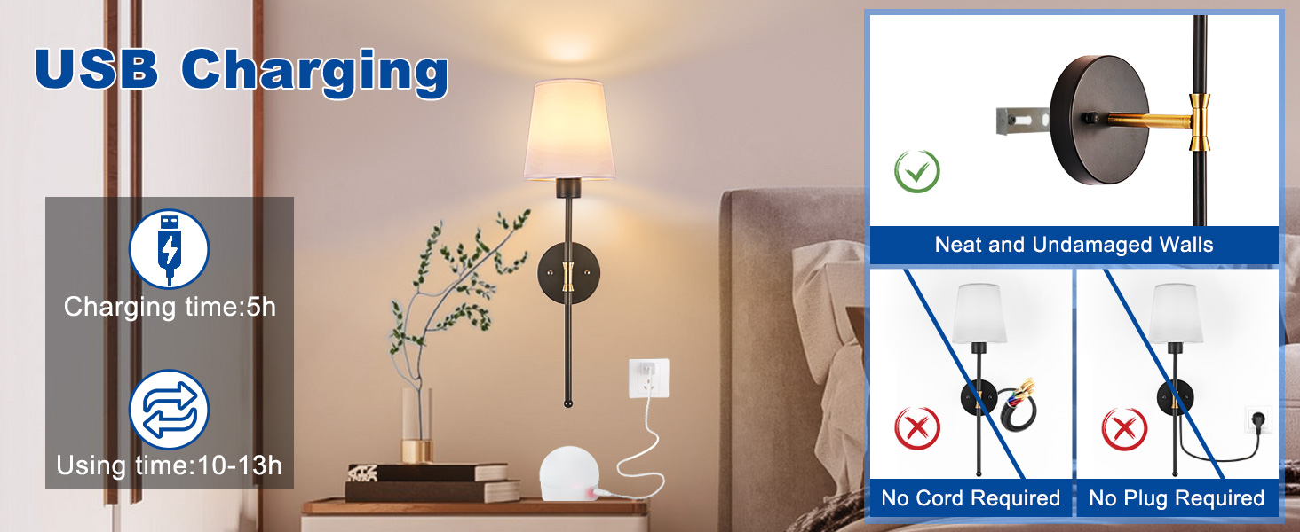 Wall-mounted sconce with USB charging capability. Features 5-hour charging time, 10-13 hour usage time. Cordless design allows for neat installation without damaging walls.