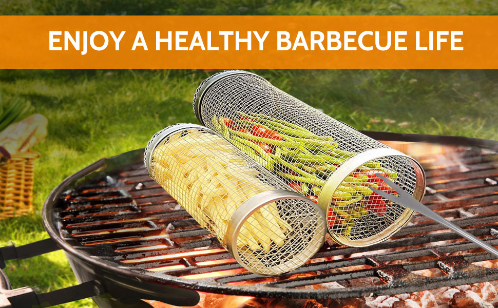 AOLDHYY Outdoor Rolling Barbecue Basket, Stainless Steel Barbecue Accessories