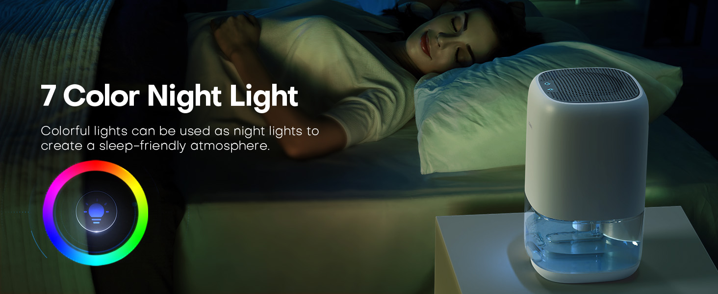 Compact white cylindrical night light device with 7-color options, shown with a color wheel interface and bedroom setting in background.