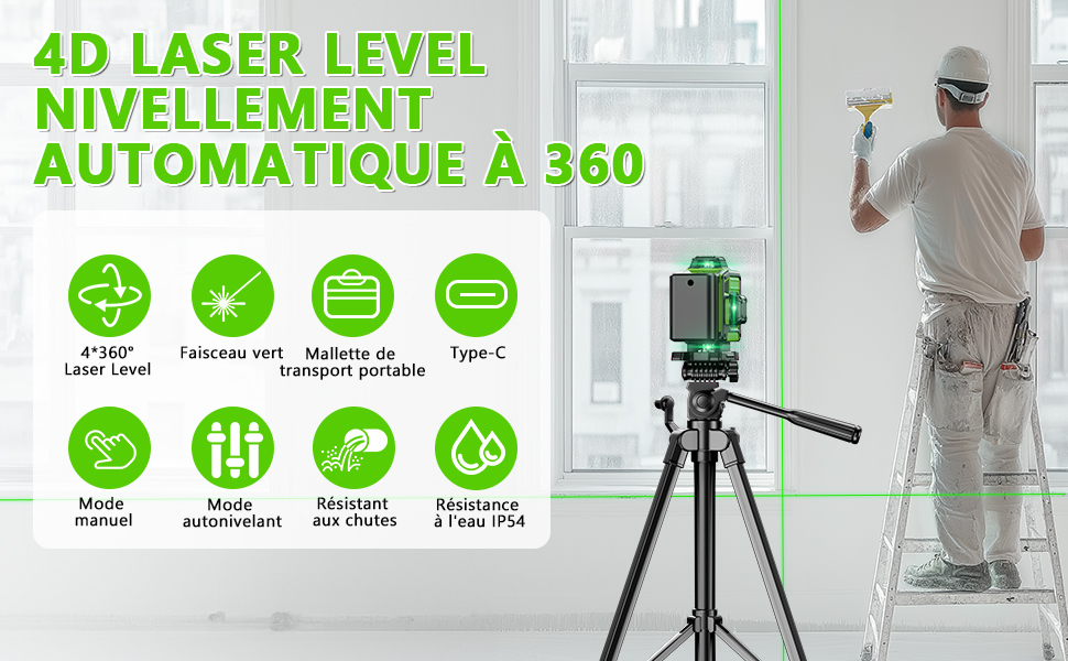 Appareil de niveau laser vert sur trépied, utilisé par un travailleur. Les caractéristiques du produit incluent une mise à niveau à 360 degrés, un faisceau vertical, un boîtier portable, un chargement USB-C, les modes manuel et automatique, la résistance aux chutes et la résistance à