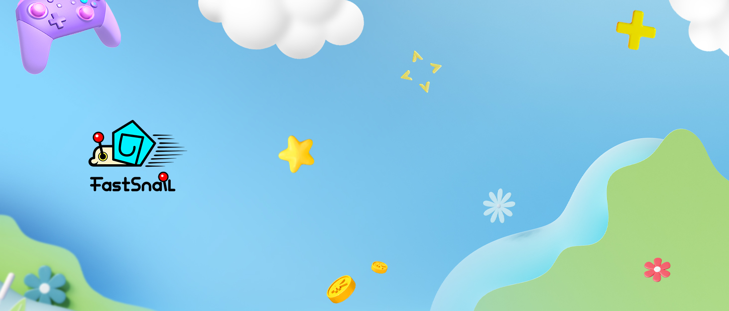Fond de ciel de style dessin animé avec des nuages, des étoiles et une colline verte. Manette de jeu violette dans un coin. Logo FastSnail avec une icône d'escargot