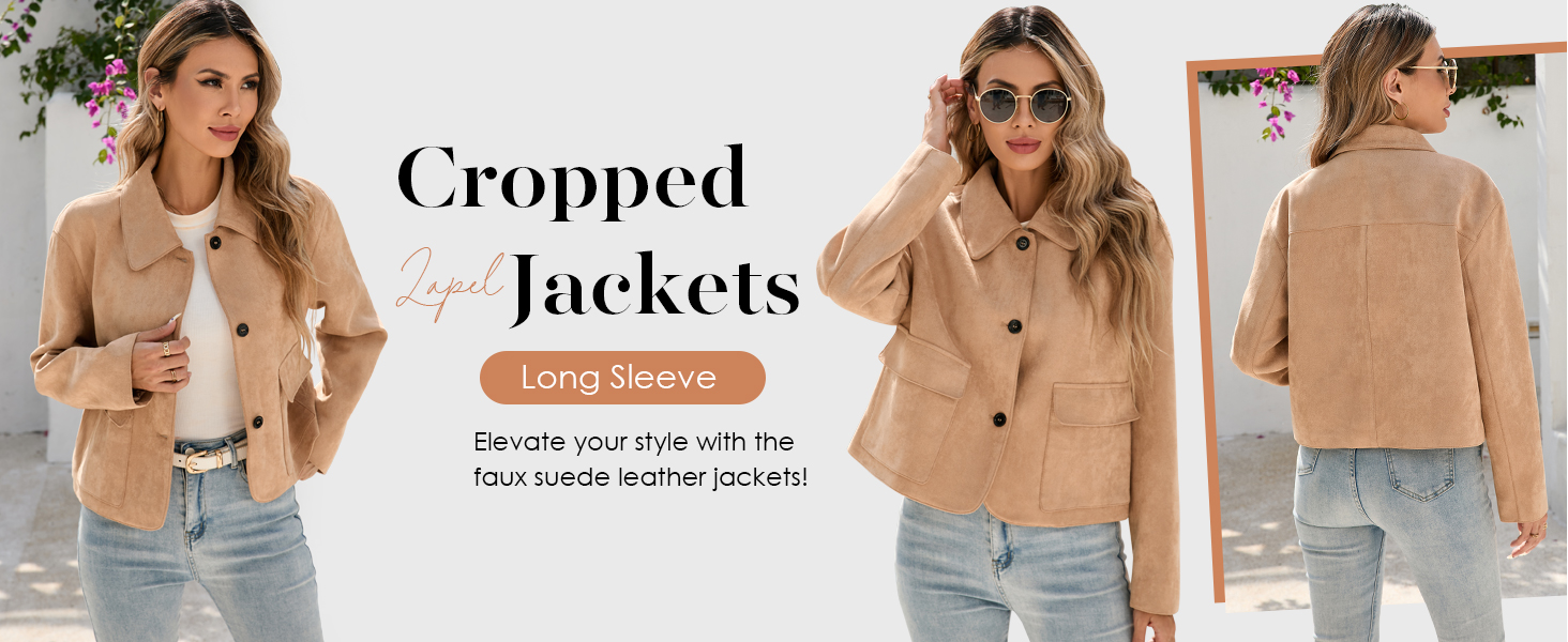 Tankaneo Womens Faux Suede Leather Jackets Casual Cropped Coats Vintage Button Down Shackets