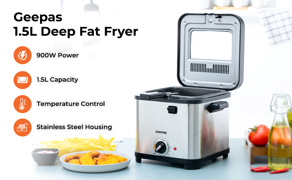 Geepas Deep Fat Fryer, 900W 1.5L Stainless Steel Fryer with Viewing