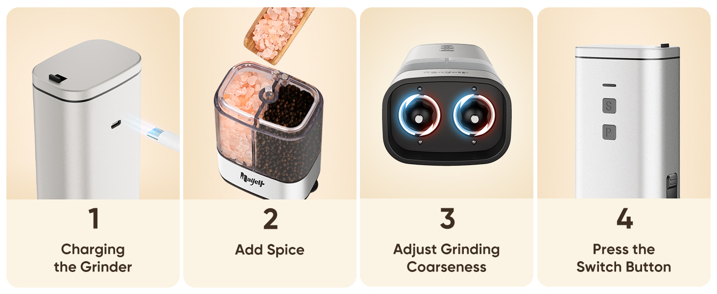 Charging the Grinder, Add Spice, Adjust Grinding Coarseness, Press the Switch Button