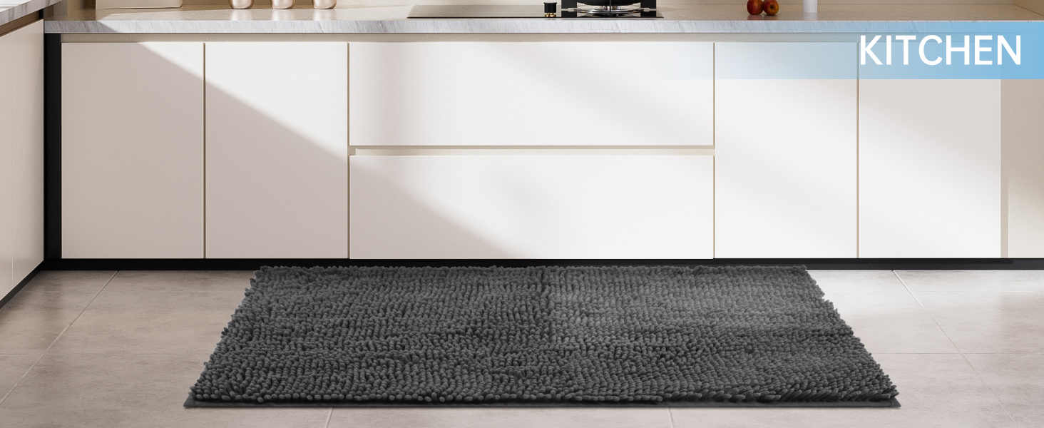 A chenille floor mat is placed in the kitchen.