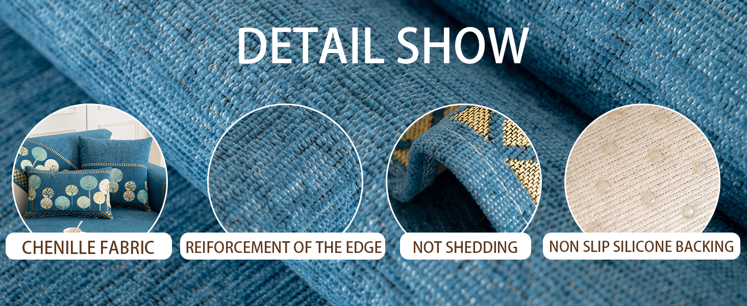 chenille fabric，reinforcement of the edge，not shedding， non slip silicone backing
